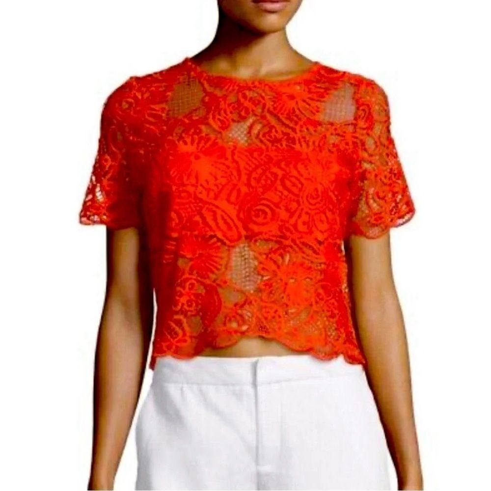 Karina Grimaldi Lace Blouse – Red, Short Sleeve, Scalloped Hem, Size Small